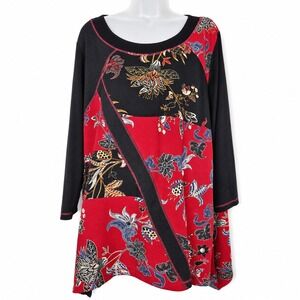 Caleaaa Tunic Top Womens 3X Red Black Floral Patchwork Mixed Print Stretchy Boho
